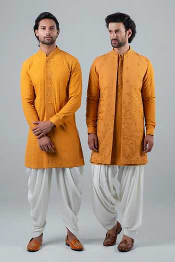 Buy_Punit Arora_Mustard Silk, Modal Embroidery Floral Long Bundi And Kurta Set _Online_at_Aza_Fashions