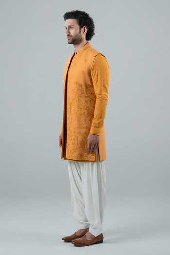Shop_Punit Arora_Mustard Silk, Modal Embroidery Floral Long Bundi And Kurta Set _Online_at_Aza_Fashions