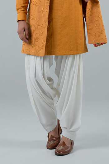 Punit Arora_Mustard Silk, Modal Embroidery Floral Long Bundi And Kurta Set _at_Aza_Fashions