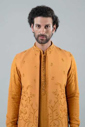 Buy_Punit Arora_Mustard Silk, Modal Embroidery Floral Long Bundi And Kurta Set 