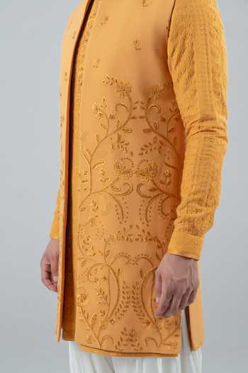 Shop_Punit Arora_Mustard Silk, Modal Embroidery Floral Long Bundi And Kurta Set 