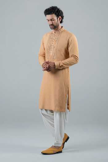 Punit Arora_Yellow Modal Embroidery Kurta Set With Dupatta _at_Aza_Fashions