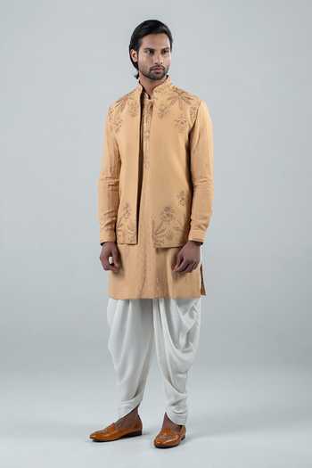 Shop_Punit Arora_Yellow Silk, Modal Embroidery Floral Bundi Kurta Set _at_Aza_Fashions