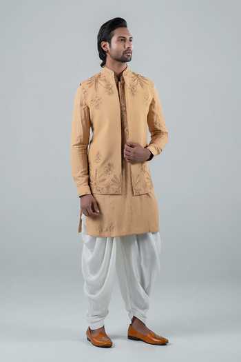 Buy_Punit Arora_Yellow Silk, Modal Embroidery Floral Bundi Kurta Set _at_Aza_Fashions