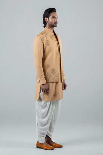 Punit Arora_Yellow Silk, Modal Embroidery Floral Bundi Kurta Set _Online_at_Aza_Fashions