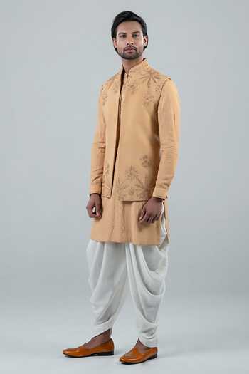 Buy_Punit Arora_Yellow Silk, Modal Embroidery Floral Bundi Kurta Set _Online_at_Aza_Fashions