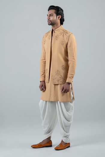 Shop_Punit Arora_Yellow Silk, Modal Embroidery Floral Bundi Kurta Set _Online_at_Aza_Fashions