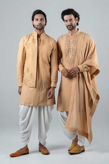 Punit Arora_Yellow Silk, Modal Embroidery Floral Bundi Kurta Set _at_Aza_Fashions