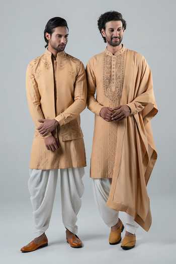 Buy_Punit Arora_Yellow Silk, Modal Embroidery Floral Bundi Kurta Set 