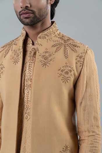 Shop_Punit Arora_Yellow Silk, Modal Embroidery Floral Bundi Kurta Set 