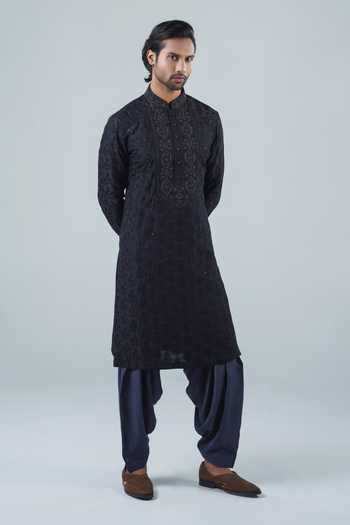 Punit Arora_Black Modal Embroidery Tonal Kurta Set _Online_at_Aza_Fashions