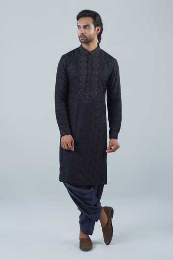 Buy_Punit Arora_Black Modal Embroidery Tonal Kurta Set _at_Aza_Fashions