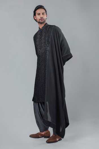 Shop_Punit Arora_Black Modal Embroidery Tonal Kurta Set _at_Aza_Fashions