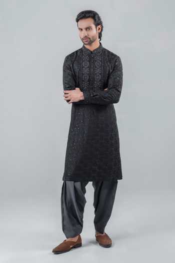 Buy_Punit Arora_Black Modal Embroidery Tonal Kurta Set _Online_at_Aza_Fashions