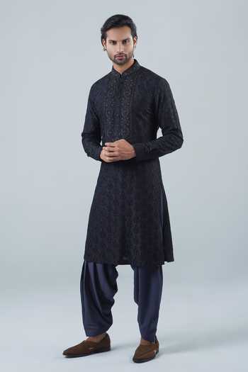 Shop_Punit Arora_Black Modal Embroidery Tonal Kurta Set _Online_at_Aza_Fashions