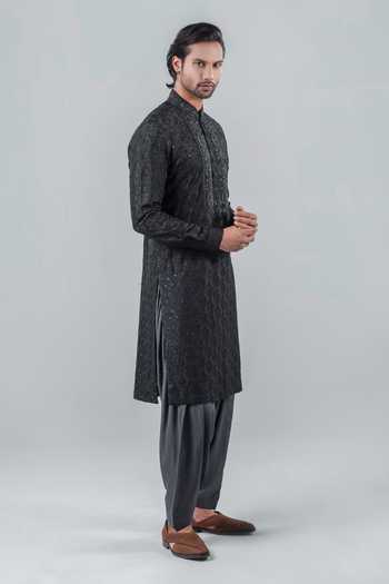 Punit Arora_Black Modal Embroidery Tonal Kurta Set _at_Aza_Fashions
