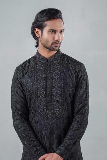 Buy_Punit Arora_Black Modal Embroidery Tonal Kurta Set 