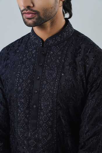 Shop_Punit Arora_Black Modal Embroidery Tonal Kurta Set 