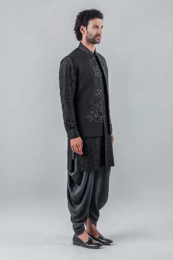 Punit Arora_Black Silk, Modal Embroidery Tonal Bundi And Kurta Set _Online_at_Aza_Fashions