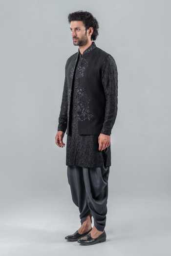 Buy_Punit Arora_Black Silk, Modal Embroidery Tonal Bundi And Kurta Set _Online_at_Aza_Fashions