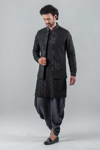Shop_Punit Arora_Black Silk, Modal Embroidery Tonal Bundi And Kurta Set _Online_at_Aza_Fashions