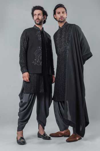 Punit Arora_Black Silk, Modal Embroidery Tonal Bundi And Kurta Set _at_Aza_Fashions