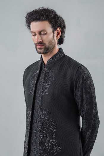 Buy_Punit Arora_Black Silk, Modal Embroidery Tonal Bundi And Kurta Set 