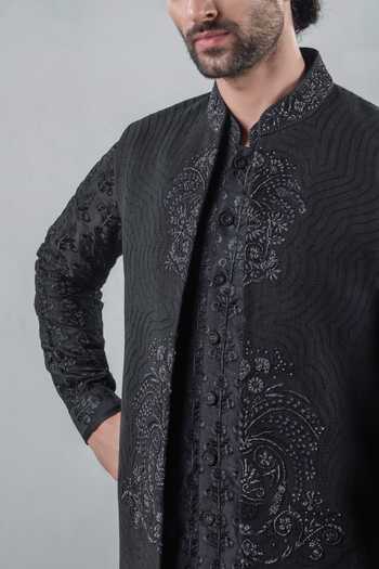 Shop_Punit Arora_Black Silk, Modal Embroidery Tonal Bundi And Kurta Set 