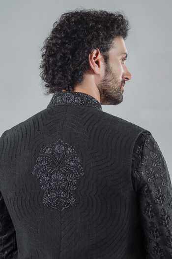 Shop_Punit Arora_Black Silk, Modal Embroidery Tonal Bundi And Kurta Set _at_Aza_Fashions