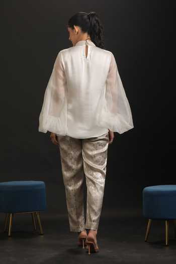 Shop_Vedangi Agarwal_Ivory Organza, Brocade, Muslin Embroidery, Sequins Mandarin Yoke Top And Pant Set _at_Aza_Fashions