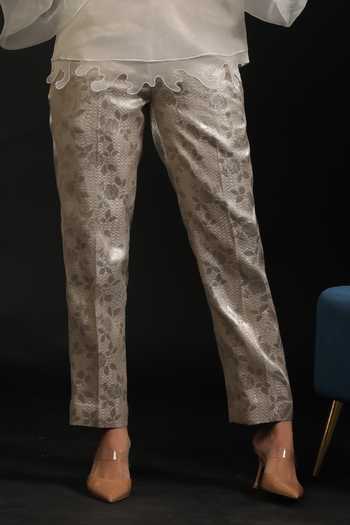 Vedangi Agarwal_Ivory Organza, Brocade, Muslin Embroidery, Sequins Mandarin Yoke Top And Pant Set _Online_at_Aza_Fashions
