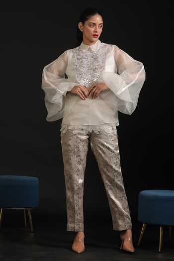 Buy_Vedangi Agarwal_Ivory Organza, Brocade, Muslin Embroidery, Sequins Mandarin Yoke Top And Pant Set _at_Aza_Fashions