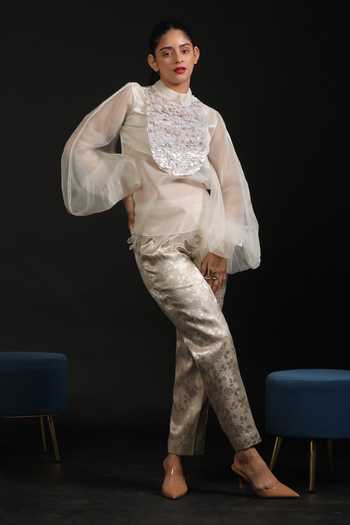Buy_Vedangi Agarwal_Ivory Organza, Brocade, Muslin Embroidery, Sequins Mandarin Yoke Top And Pant Set _Online_at_Aza_Fashions