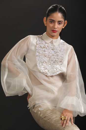 Shop_Vedangi Agarwal_Ivory Organza, Brocade, Muslin Embroidery, Sequins Mandarin Yoke Top And Pant Set _Online_at_Aza_Fashions