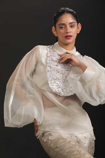 Vedangi Agarwal_Ivory Organza, Brocade, Muslin Embroidery, Sequins Mandarin Yoke Top And Pant Set _at_Aza_Fashions