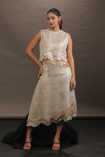 Buy_Vedangi Agarwal_Ivory Organza, Brocade Sequins, Cut Work High Neck Top And Skirt Set _at_Aza_Fashions
