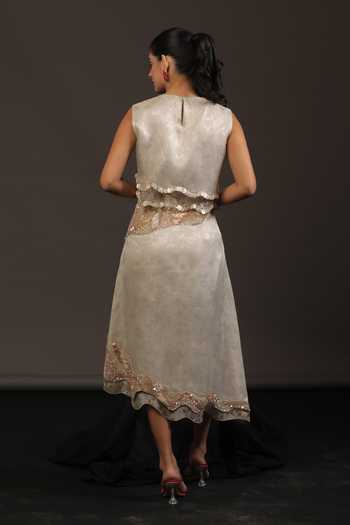Shop_Vedangi Agarwal_Ivory Organza, Brocade Sequins, Cut Work High Neck Top And Skirt Set _at_Aza_Fashions