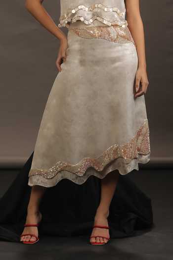 Vedangi Agarwal_Ivory Organza, Brocade Sequins, Cut Work High Neck Top And Skirt Set _Online_at_Aza_Fashions