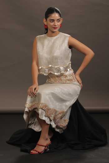 Shop_Vedangi Agarwal_Ivory Organza, Brocade Sequins, Cut Work High Neck Top And Skirt Set _Online_at_Aza_Fashions