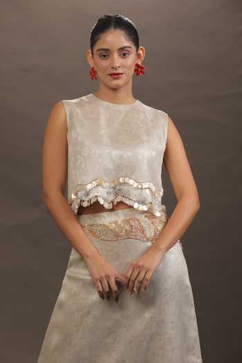 Vedangi Agarwal_Ivory Organza, Brocade Sequins, Cut Work High Neck Top And Skirt Set _at_Aza_Fashions