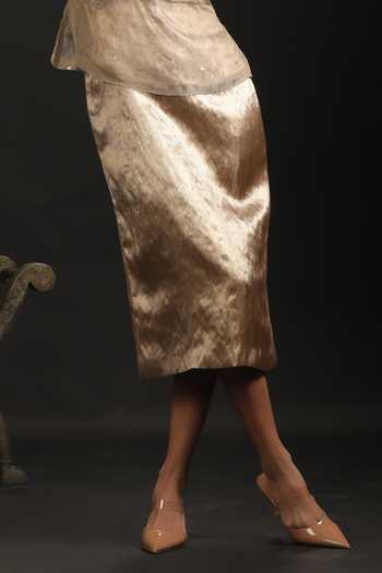 Vedangi Agarwal_Gold Brocade, Kota Doria Embroidery High Neck Overlay Jacket With Dress _Online_at_Aza_Fashions