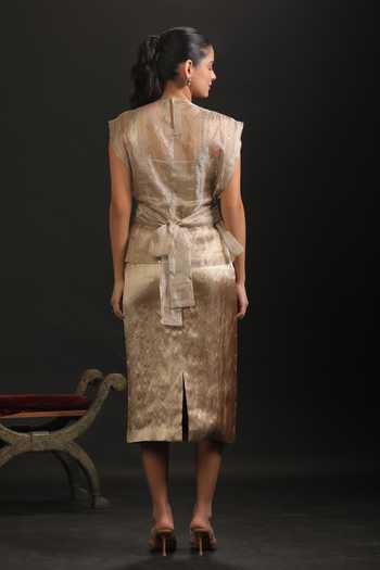 Shop_Vedangi Agarwal_Gold Brocade, Kota Doria Embroidery High Neck Overlay Jacket With Dress _at_Aza_Fashions