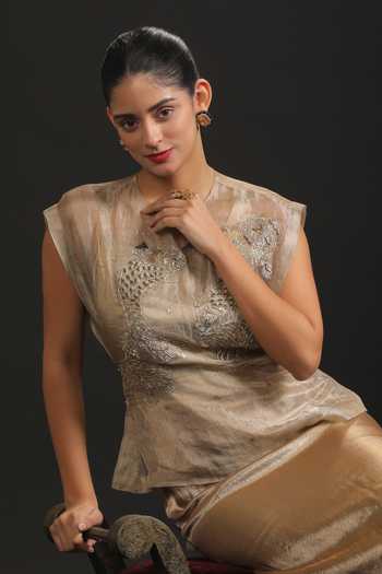 Shop_Vedangi Agarwal_Gold Brocade, Kota Doria Embroidery High Neck Overlay Jacket With Dress _Online_at_Aza_Fashions