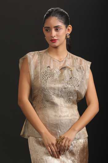 Vedangi Agarwal_Gold Brocade, Kota Doria Embroidery High Neck Overlay Jacket With Dress _at_Aza_Fashions