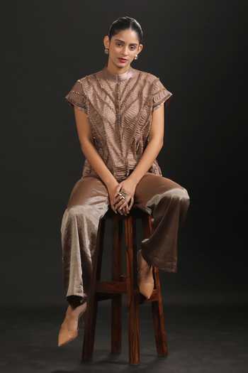 Shop_Vedangi Agarwal_Brown Satin, Tissue, Muslin Embroidery, Sequins High Neck 3d Top And Pant Set _at_Aza_Fashions