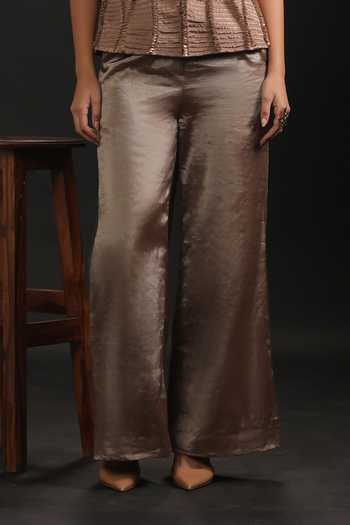 Vedangi Agarwal_Brown Satin, Tissue, Muslin Embroidery, Sequins High Neck 3d Top And Pant Set _Online_at_Aza_Fashions