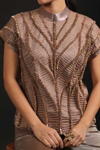 Buy_Vedangi Agarwal_Brown Satin, Tissue, Muslin Embroidery, Sequins High Neck 3d Top And Pant Set _Online_at_Aza_Fashions