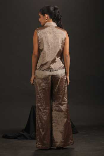Shop_Vedangi Agarwal_Ivory Organza, Tissue, Muslin Sequins V-neck Hand Work Jacket And Pant Set _at_Aza_Fashions