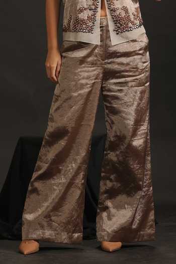 Vedangi Agarwal_Ivory Organza, Tissue, Muslin Sequins V-neck Hand Work Jacket And Pant Set _Online_at_Aza_Fashions