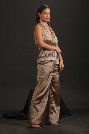 Buy_Vedangi Agarwal_Ivory Organza, Tissue, Muslin Sequins V-neck Hand Work Jacket And Pant Set _Online_at_Aza_Fashions